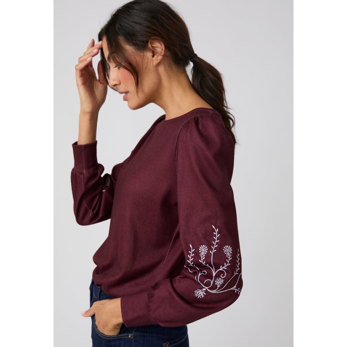 Tee-shirt manches brodées Thermolactyl maille chaude rouge bordeaux chiné, DAMART