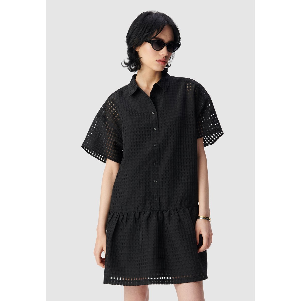Robe motif carreaux ajourés noir, IKKS