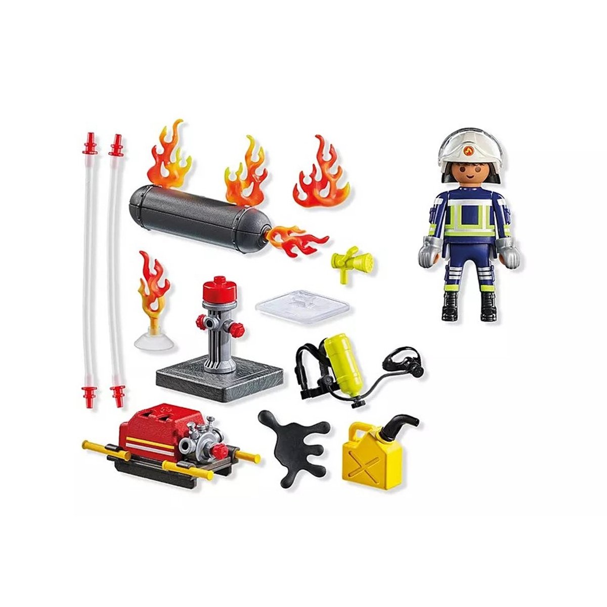 Pompier avec pompe à eau et réservoir enflammé pompier avec pompe à eau et réservoir enflammé, PLAYMOBIL