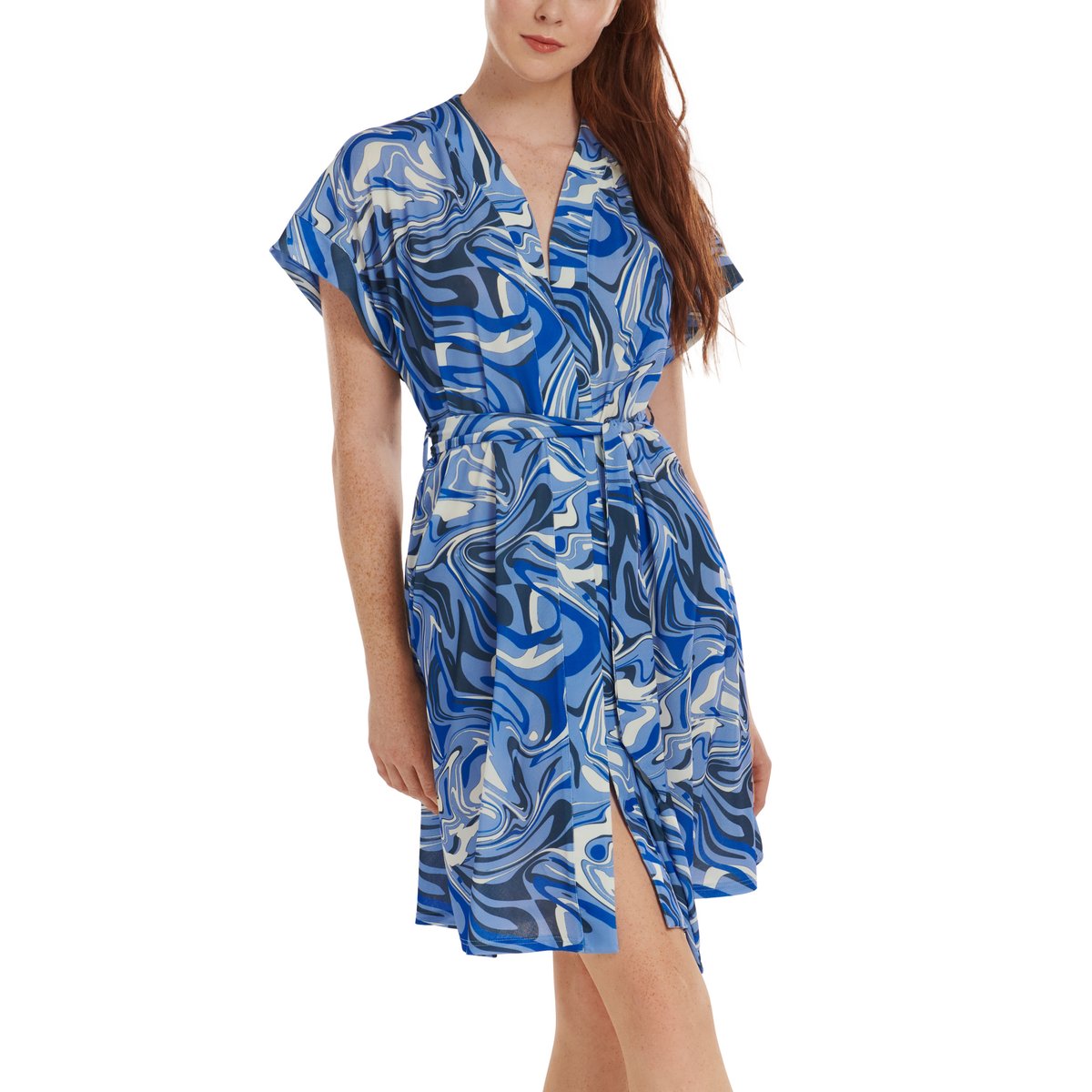 Robe estivale ceinturée manches courtes Palma bleu, LISCA