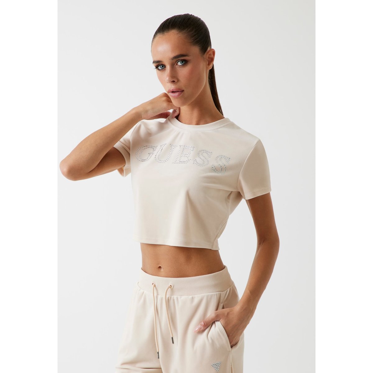 T-Shirt Crop Velours beige, GUESS