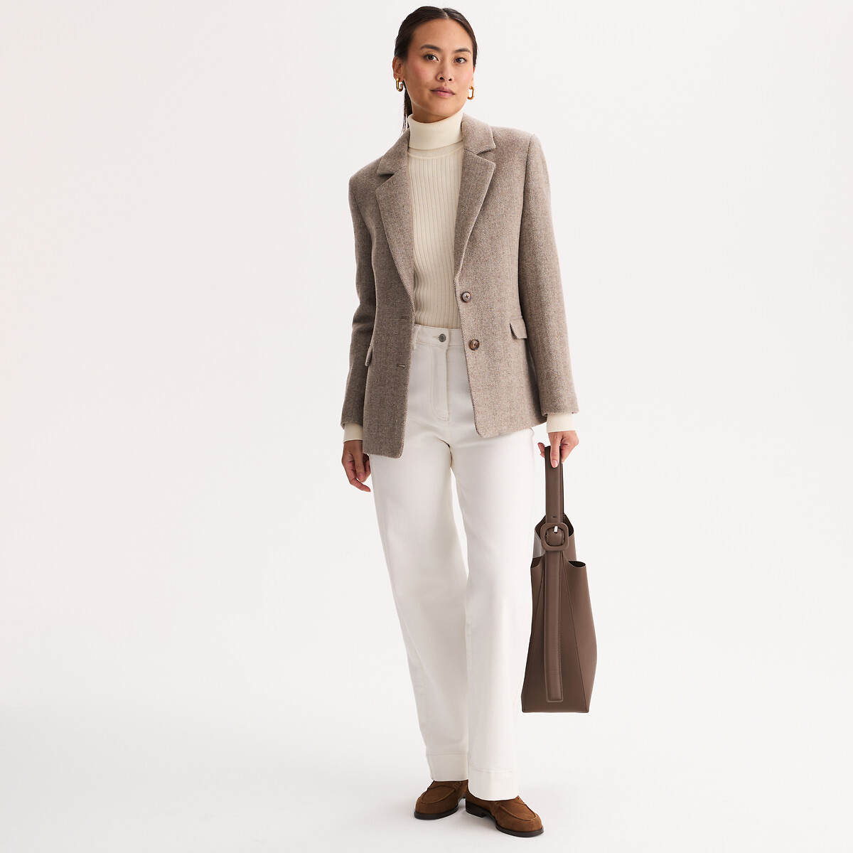 Blazer de corte recto con estampado chevrón, principalmente de lana beige , ANNE WEYBURN