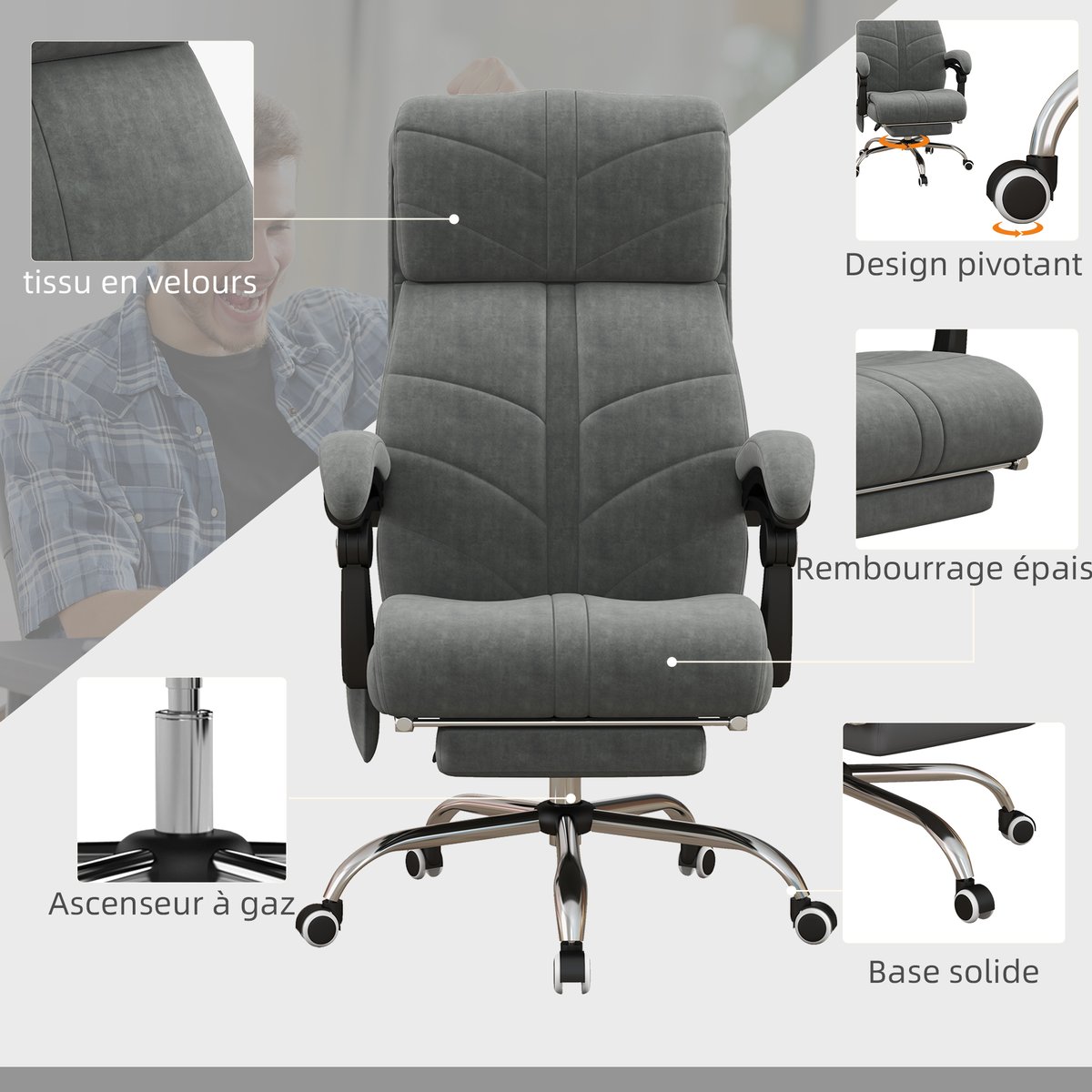 Fauteuil de bureau avec fonction massage gris, HOMCOM