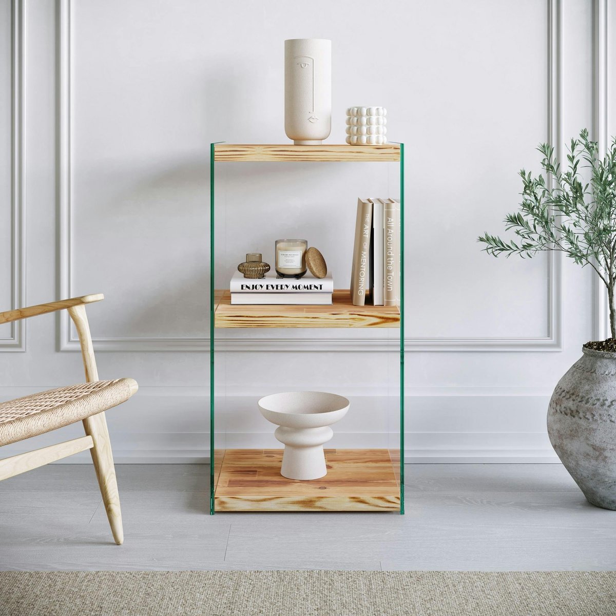 Colonne étagère design verre / bois LHASA bois clair, 3 plateaux, PIER IMPORT