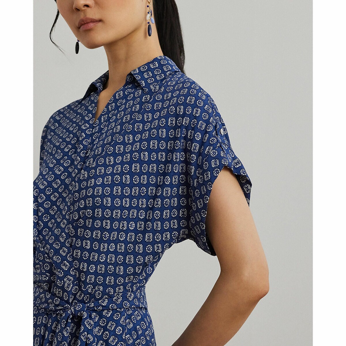 Fratillio Belted Flowing Dress with Short Sleeves blue striped/white, LAUREN RALPH LAUREN