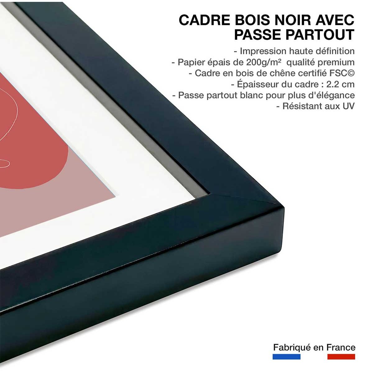 Affiche Line art et courbe rose affiche + cadre en bois - noir, HEXOA