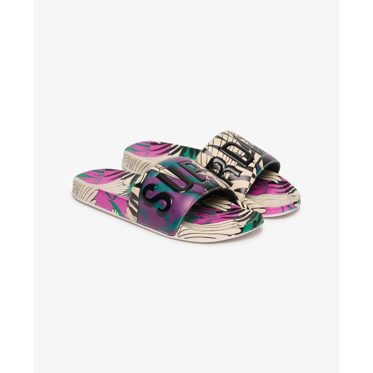 Claquettes de Piscine à Imprimé Intégral crème oiseaux optiques, SUPERDRY