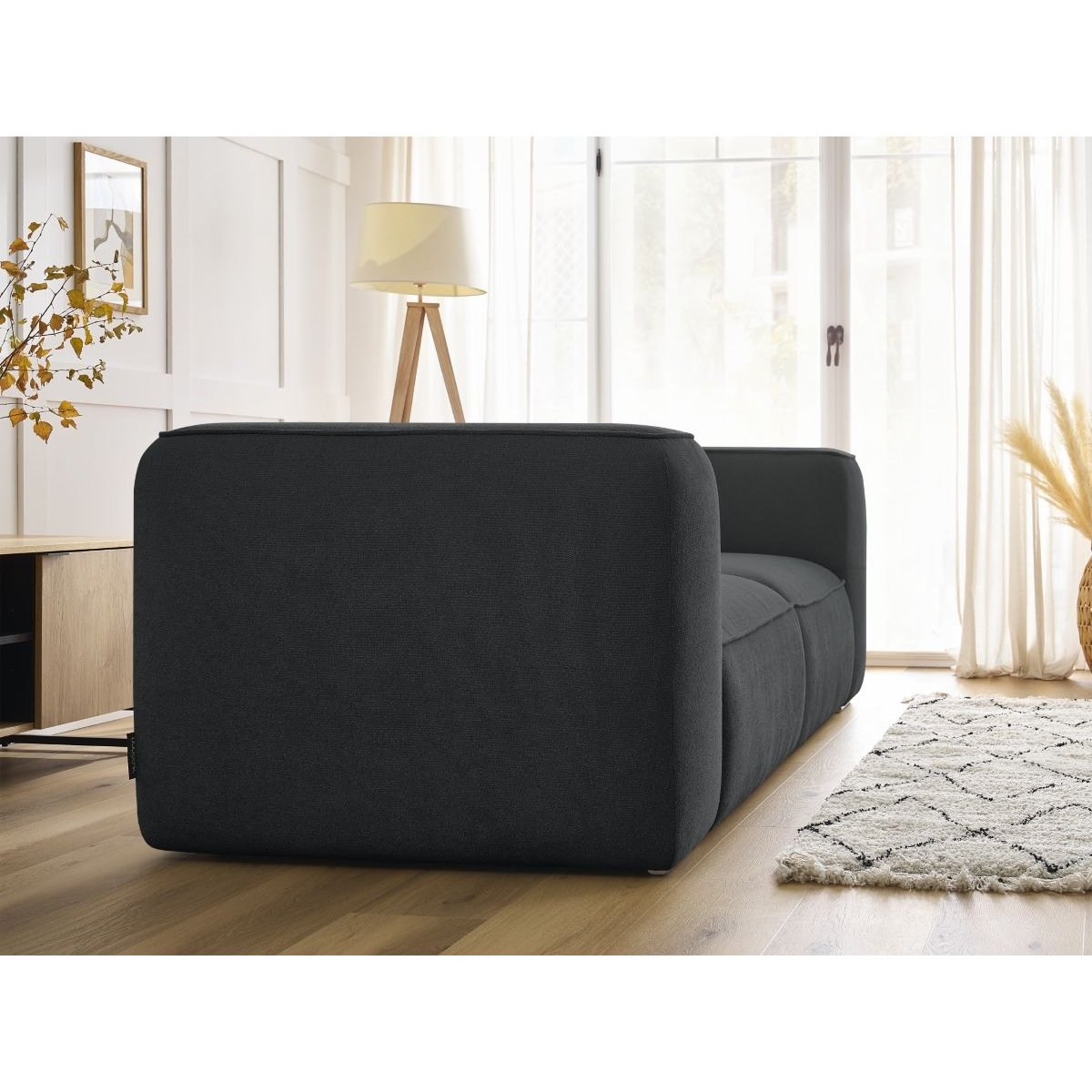 Canapé droit fixe 2 places en tissu texturé, ZEPHYR gris foncé, BOBOCHIC