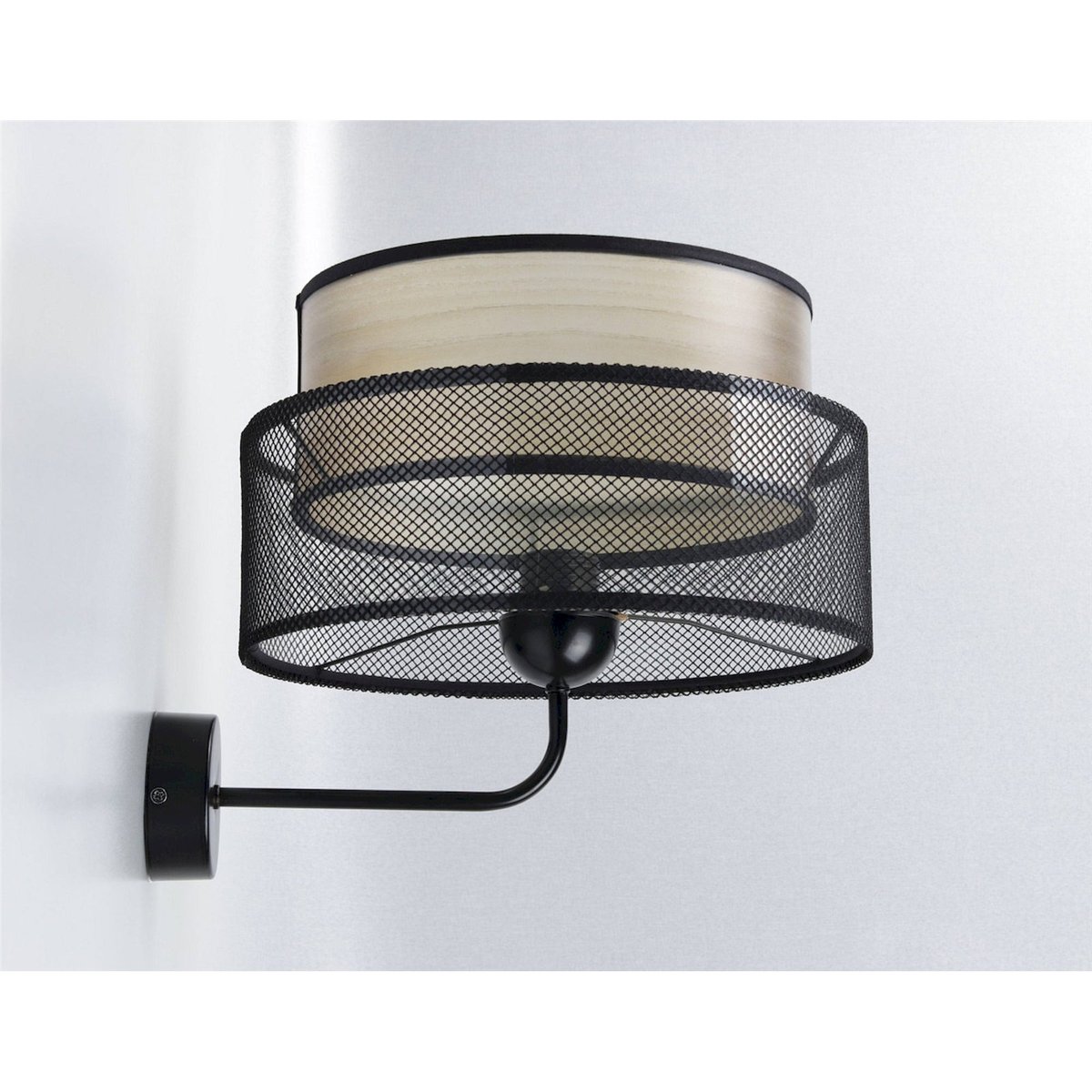 Applique murale ronde effet bois, DUO ÉLÉGANT noir maille avec intérieur effet bois, BPS KONCEPT