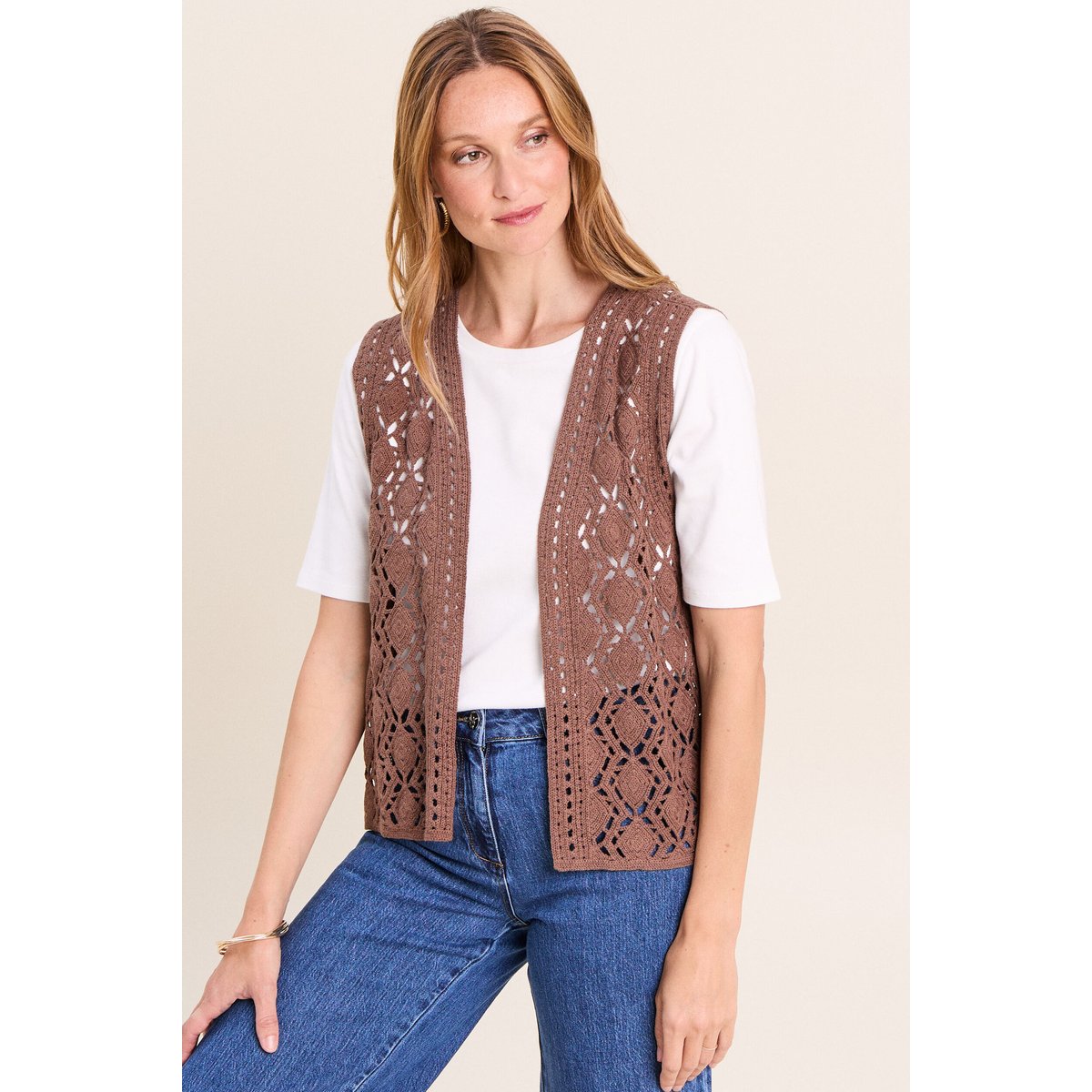 Gilet ajouré coupe droite courte marron, BREAL