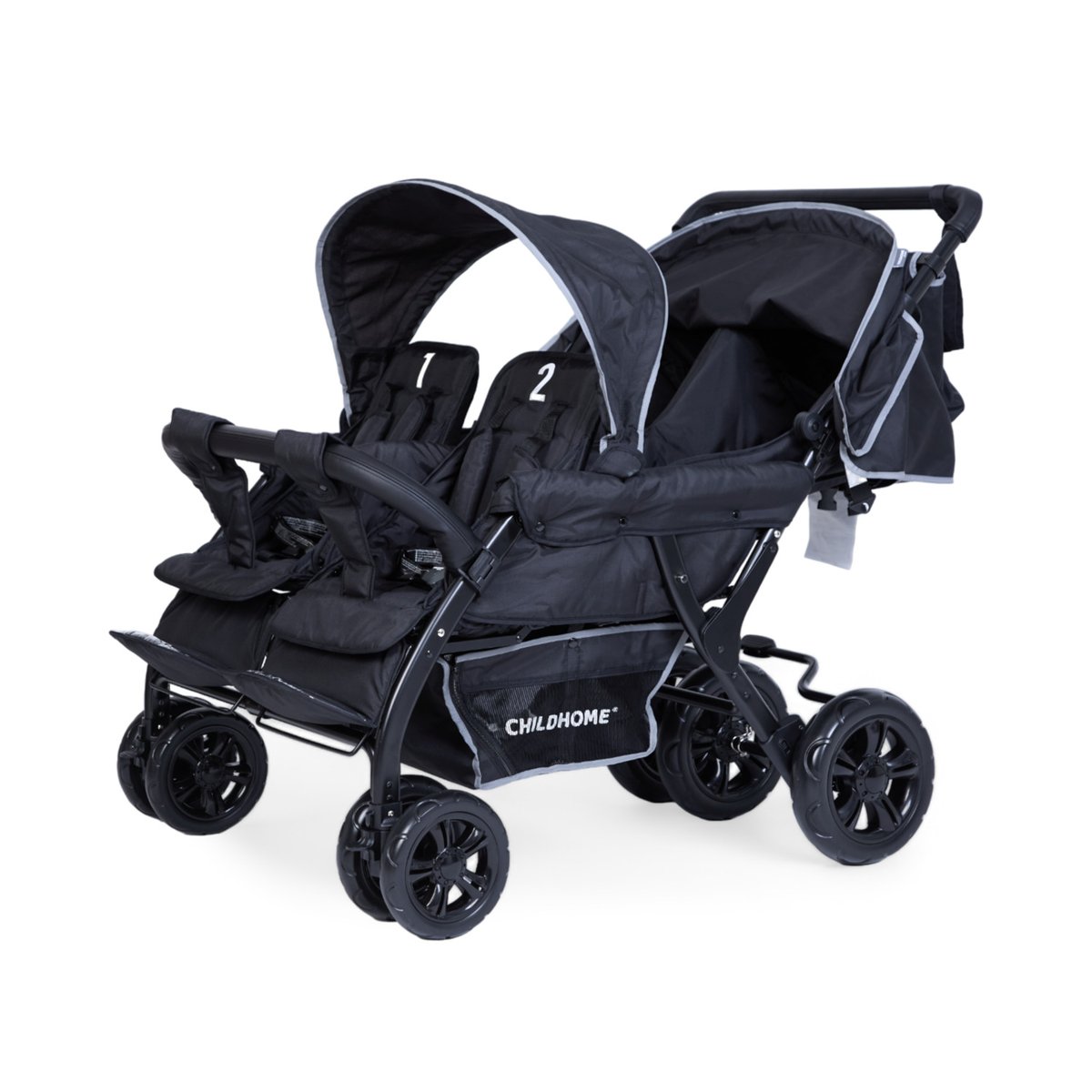 Quadruple poussette capacité 4 enfants + housse de pluie + pare-soleil noir, CHILDHOME