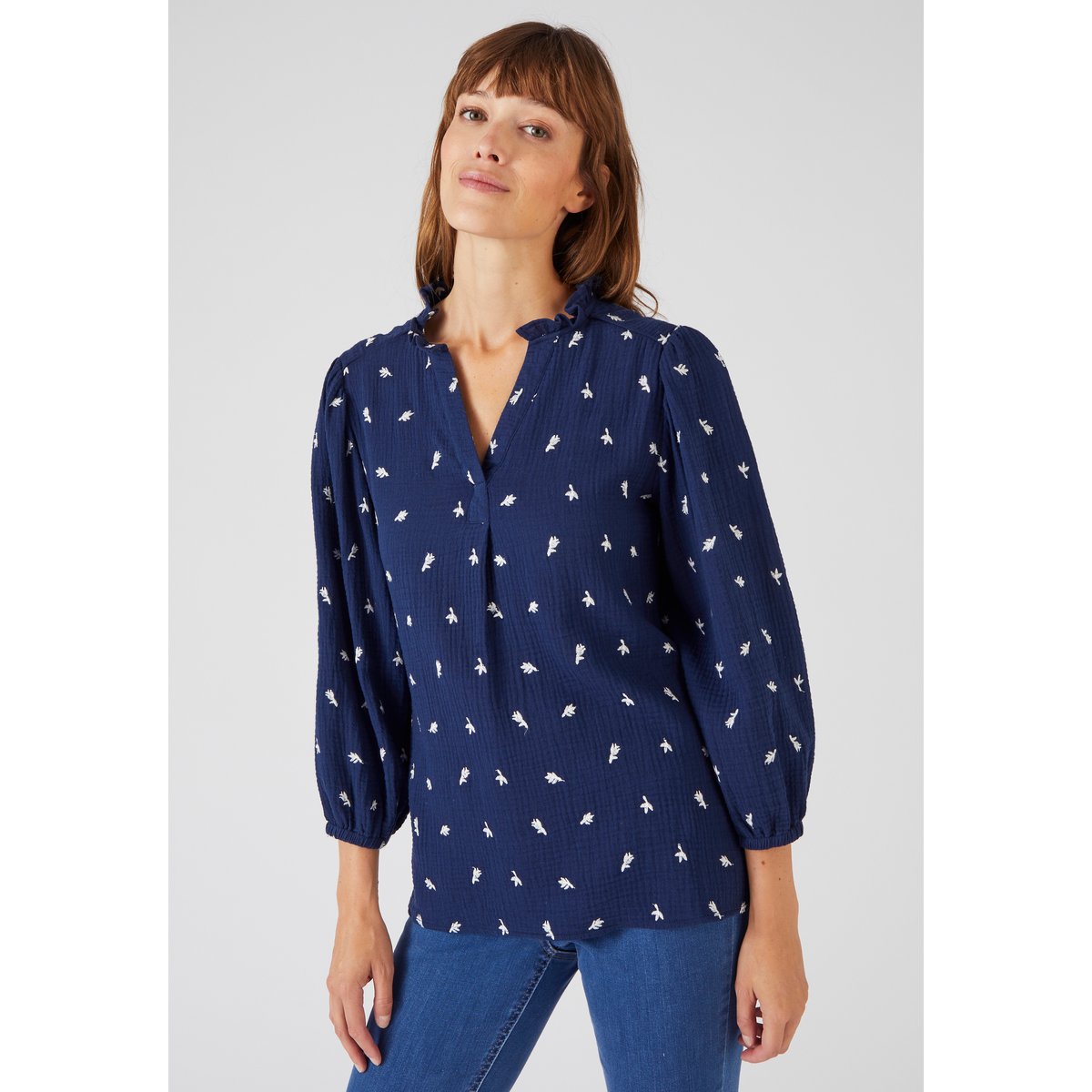 Blouse gaze pur coton brodée bleu marine, DAMART