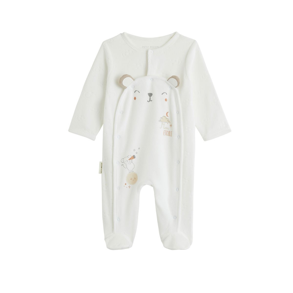 Pyjama bébé en velours ouverture pont Eliah ecru, PETIT BEGUIN
