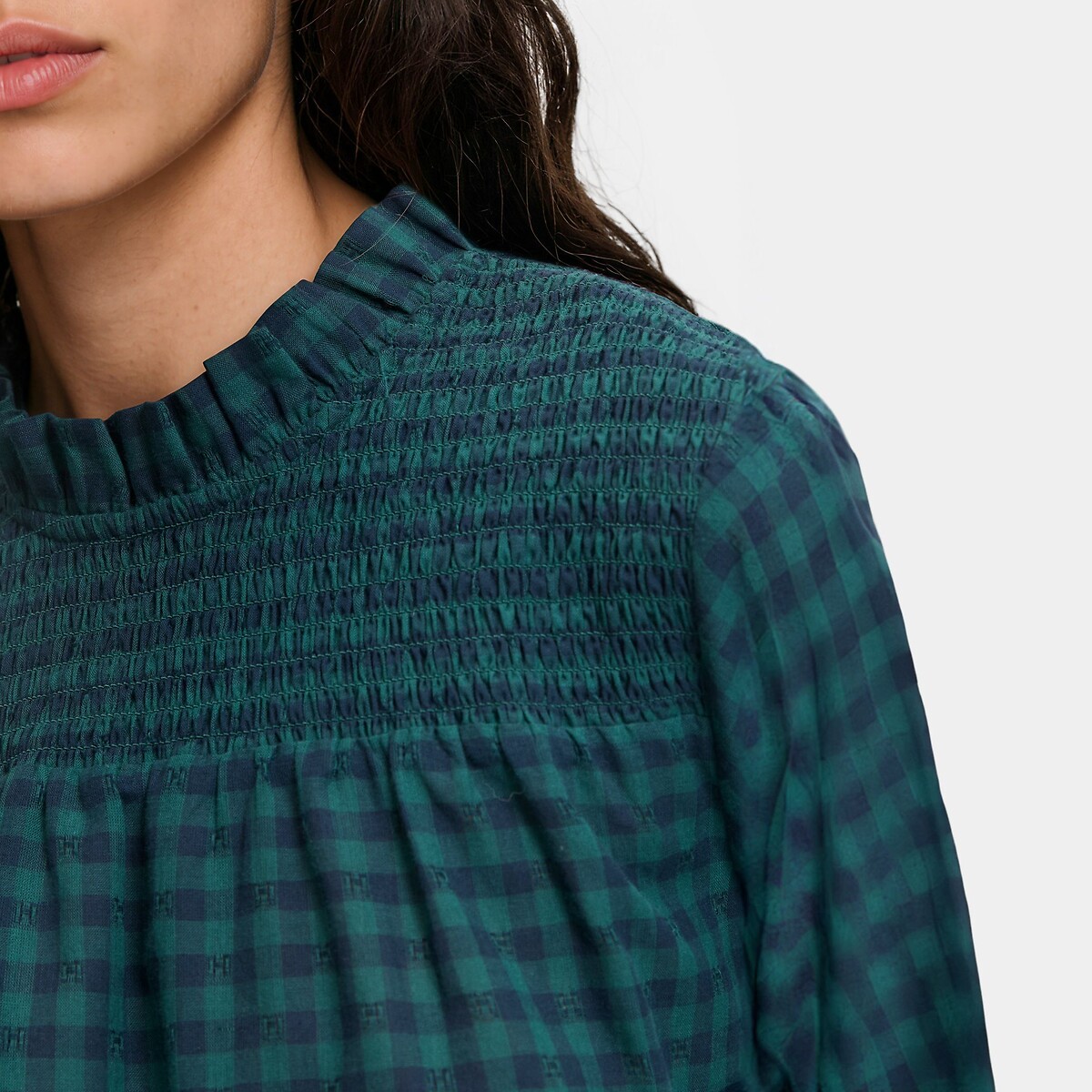 Camicetta a quadri, con arricciatura, colletto a balze quadri blu/verde , LA REDOUTE COLLECTIONS