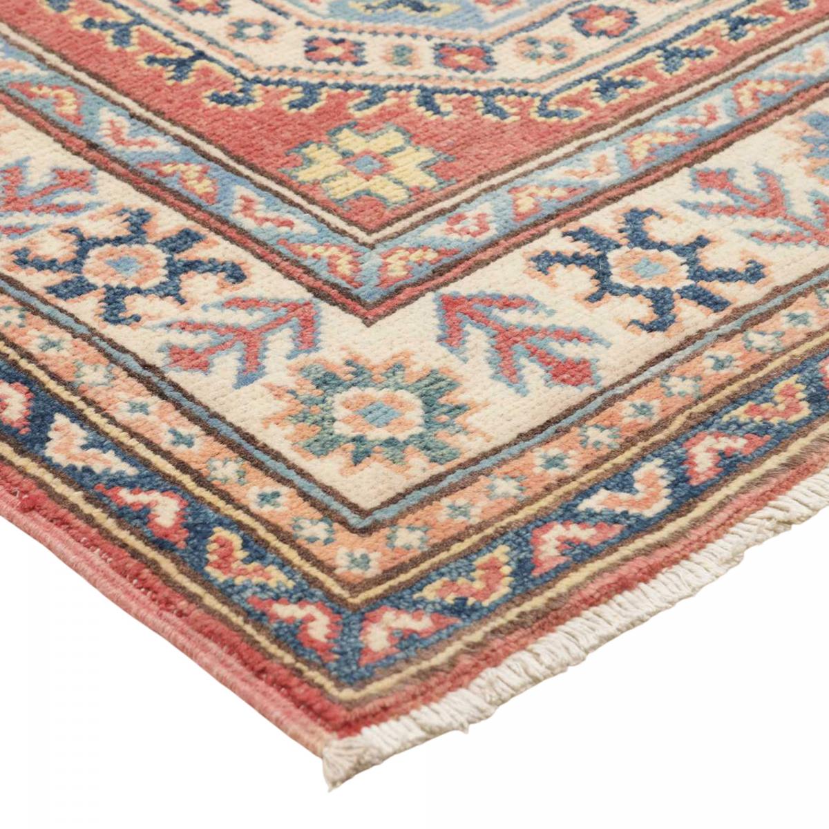 Tapis salon géométrique, noué main en laine, KAZAK CO 54 rouge, beige, bleu, UN AMOUR DE TAPIS