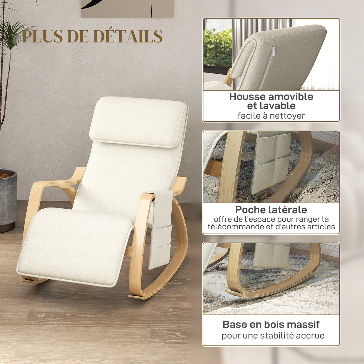 Fauteuil à bascule Lin Crème crème, HOMCOM