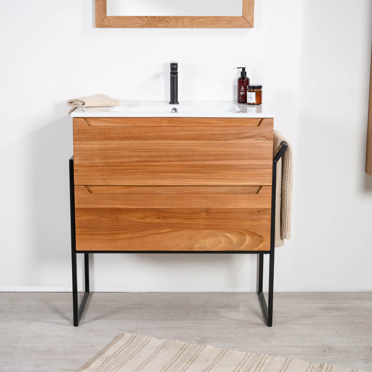 Meuble salle de bain en teck et céramique Vila 80cm naturel, WANDA COLLECTION