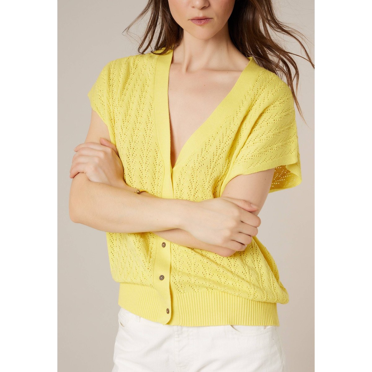 Cardigan femme en coton MARIKA jaune, DEELUXE