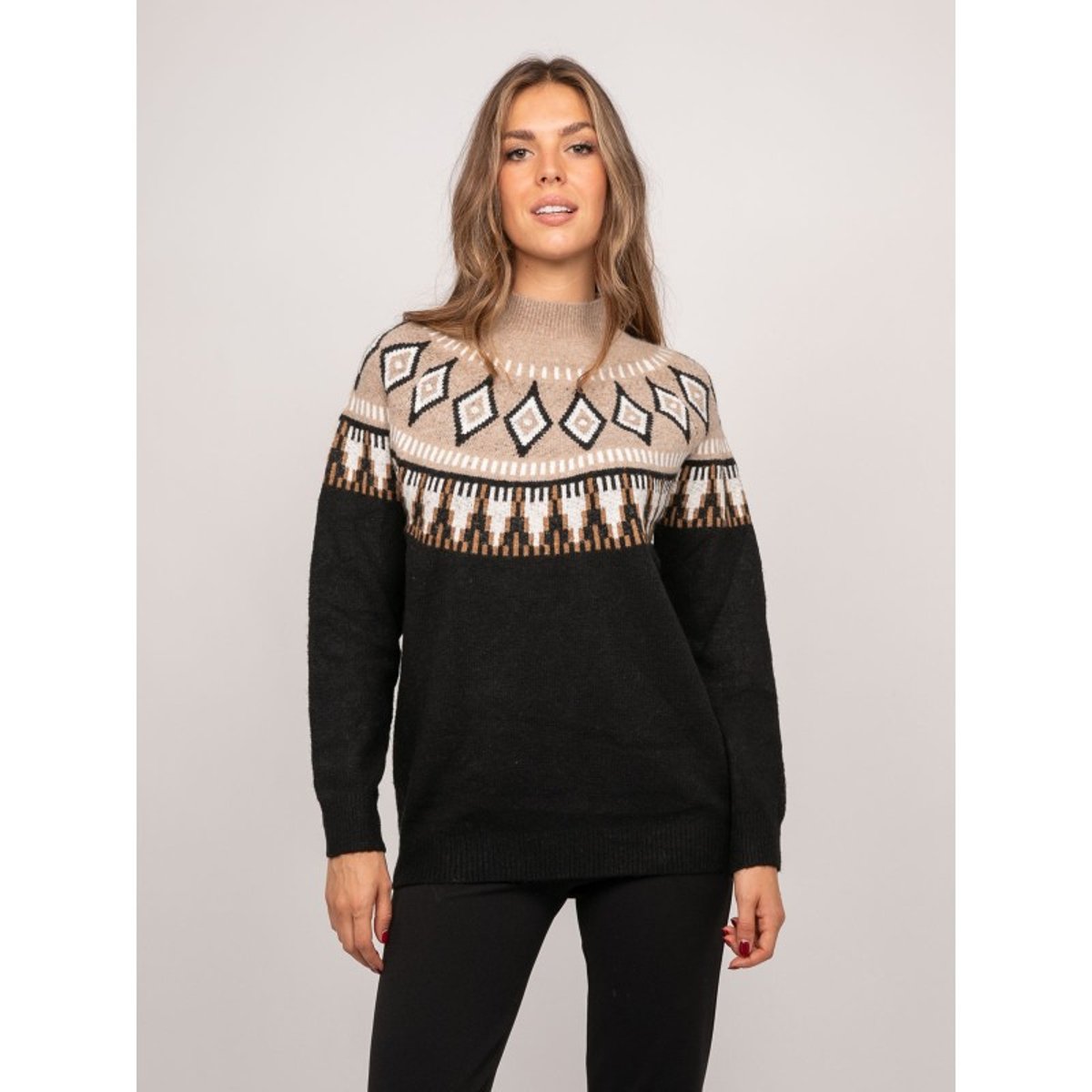 Pull Jacquard Col Montant Et Motif Norvégien Katana noir, DONA LISA