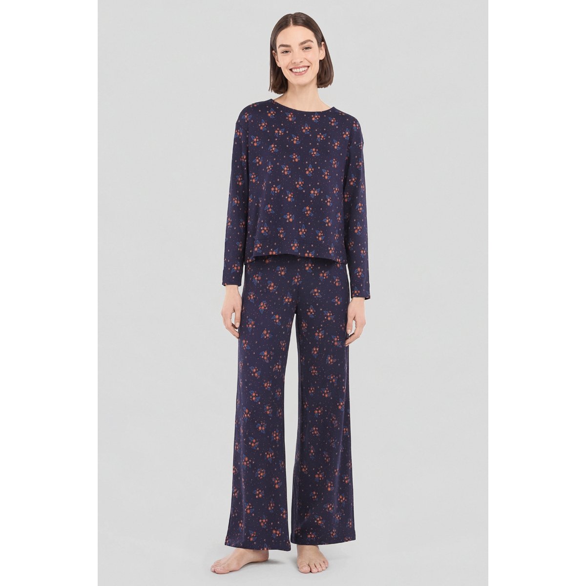 Pyjama imprimé long - coton imprimé bouquets et pois s, ARMOR-LUX
