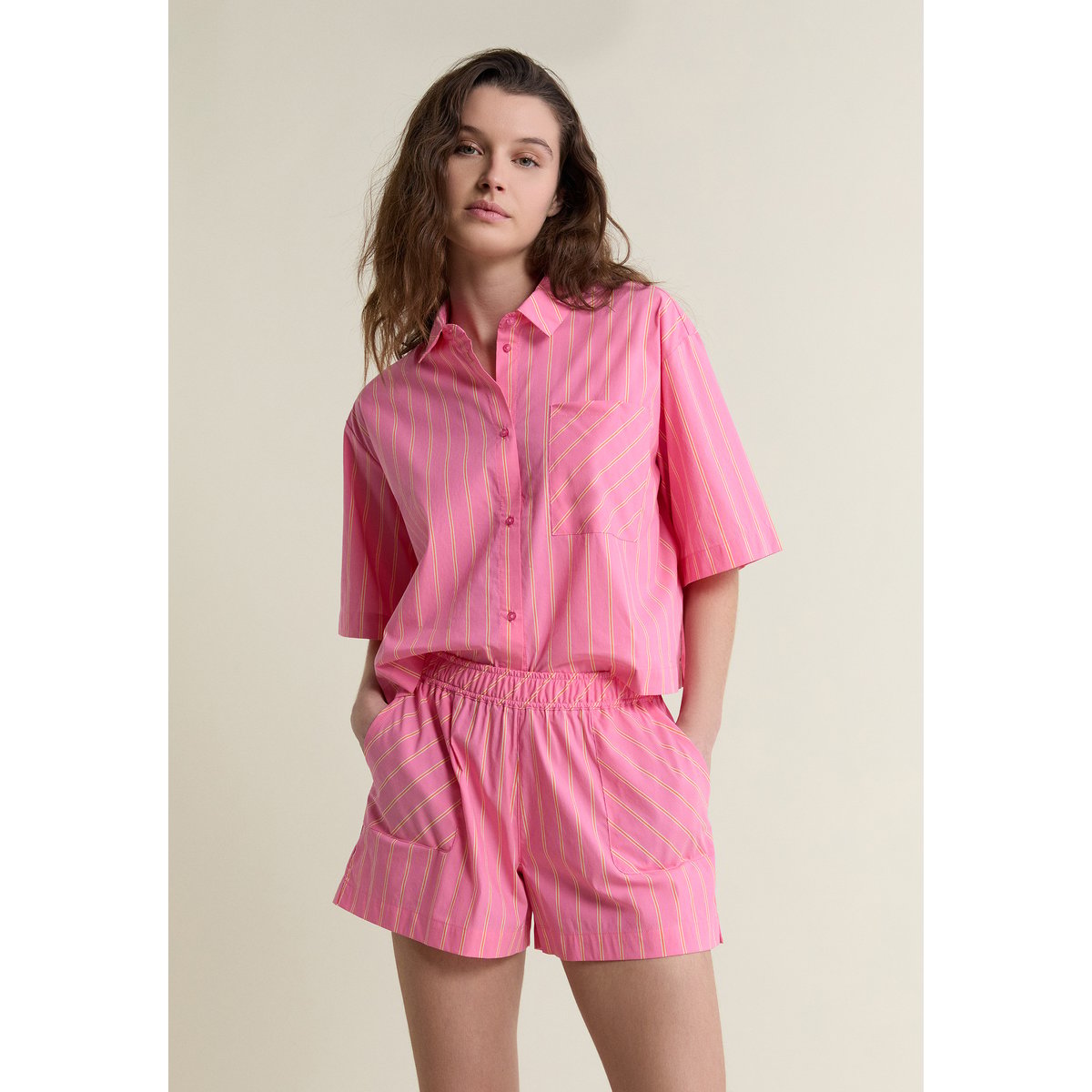 Chemise manches courtes de pyjama à rayures avec coton SAONA imp fond rose, ETAM
