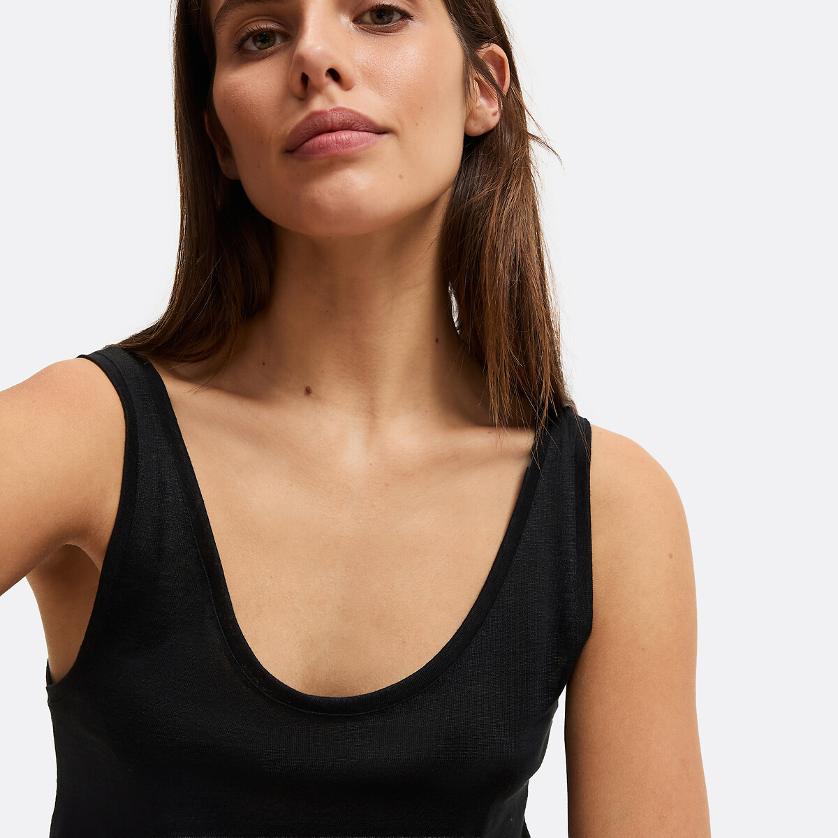 Linnen tanktop met ronde hals zwart, LA REDOUTE COLLECTIONS