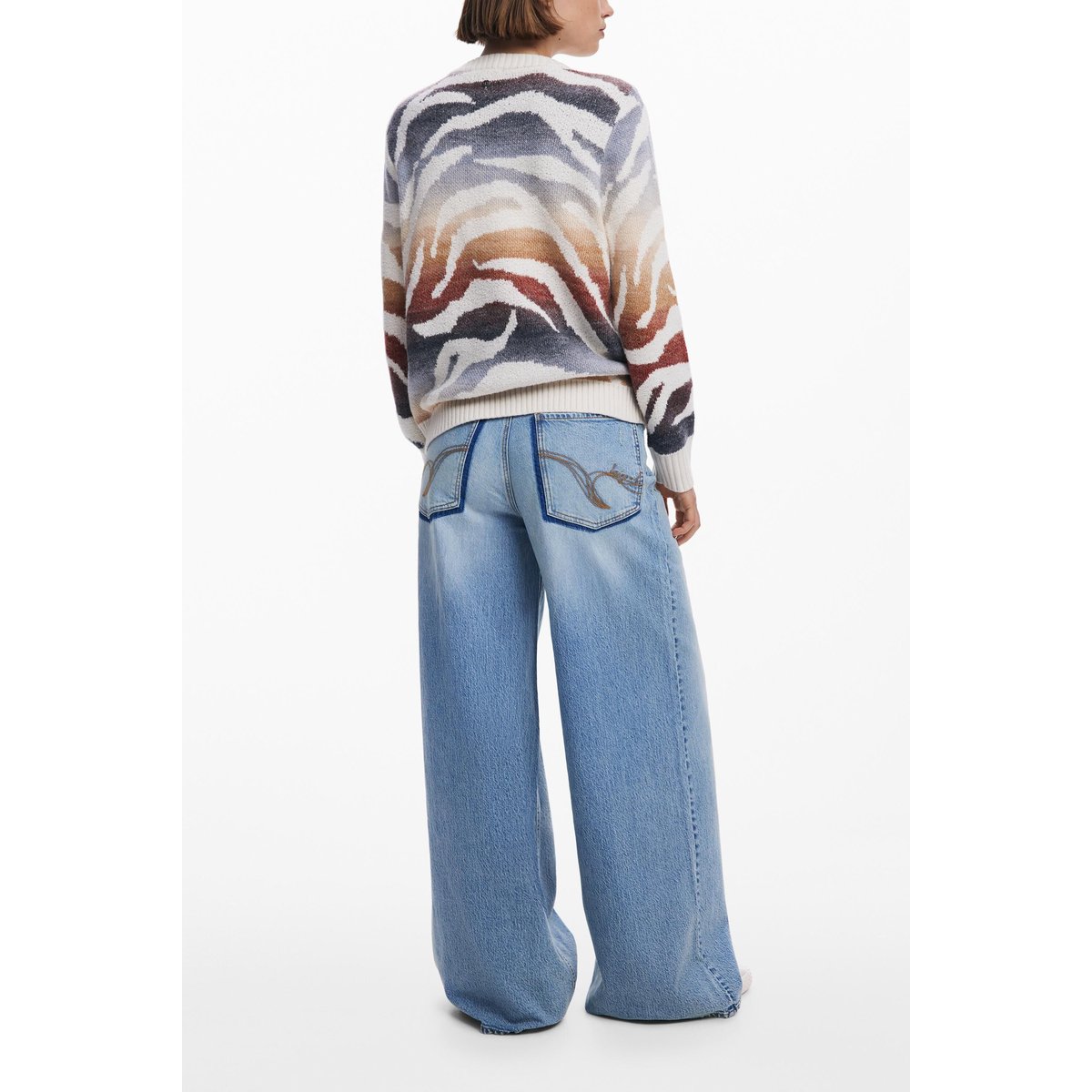 Pull zébré col en V blanc, DESIGUAL