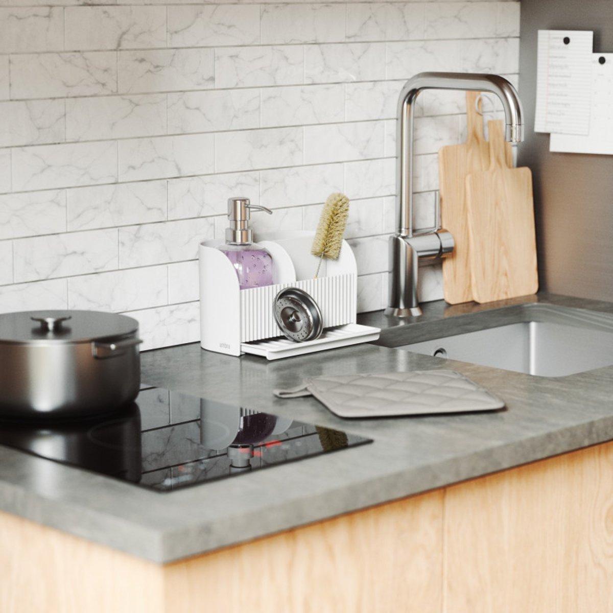 Porte éponge cuisine pompe à savon SLING blanc, UMBRA