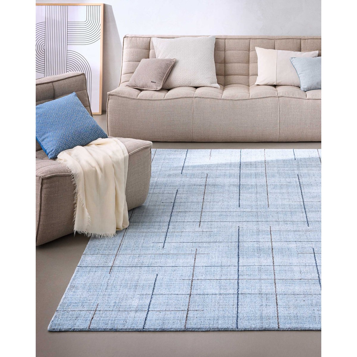 Tapis salon tissé main, laine et Tencel™ , Milly bleu clair, WECON HOME