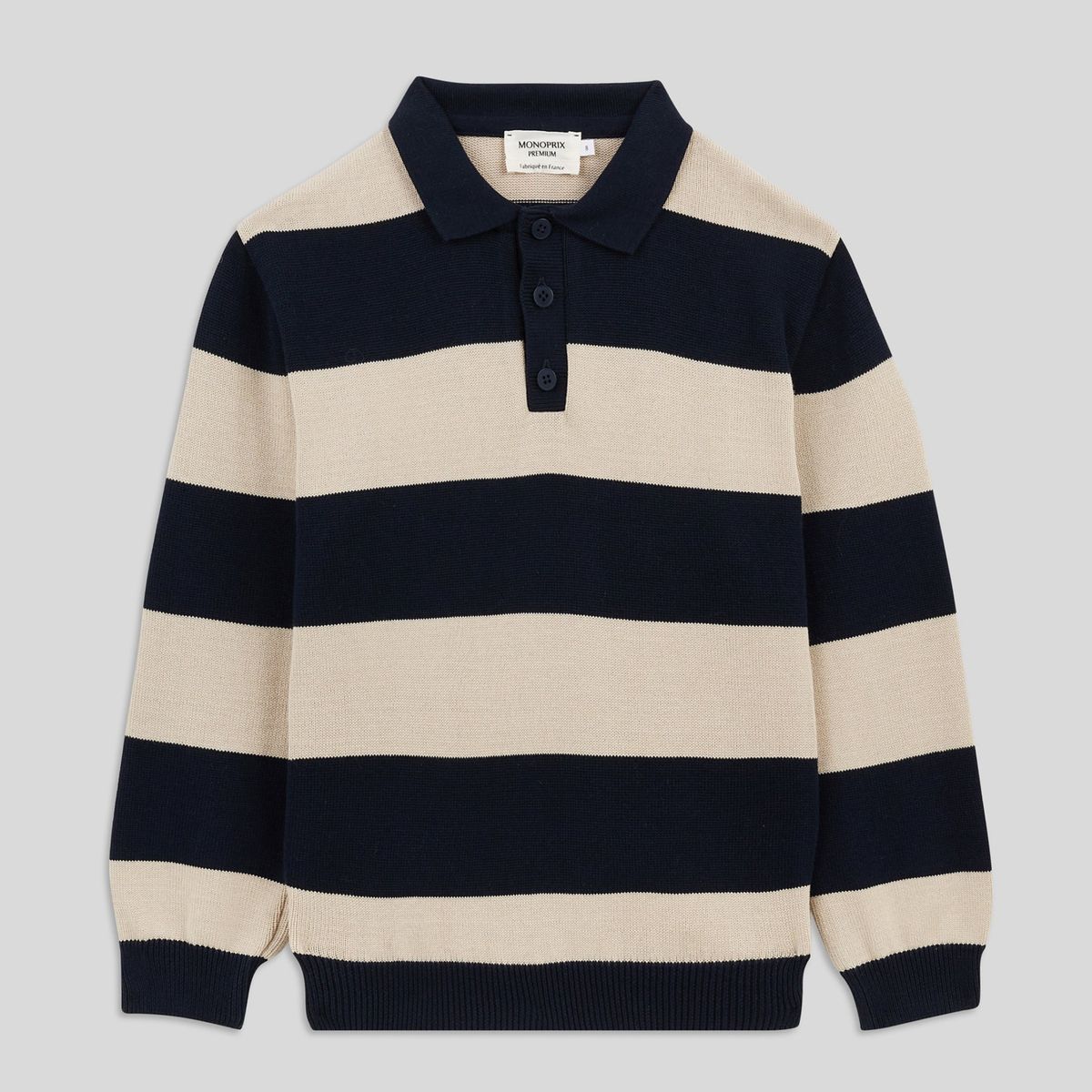 Polo manches longues à rayures fabriqué en France en coton BIO marine, MONOPRIX