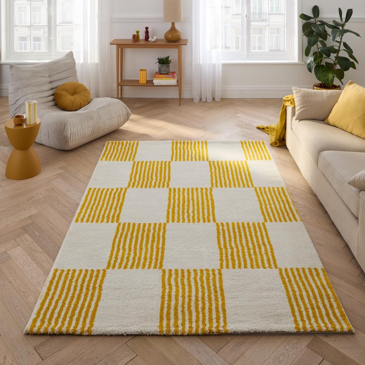 Tapis d'intérieur vintage à damier rayure GROOVY jaune, NAZAR RUGS