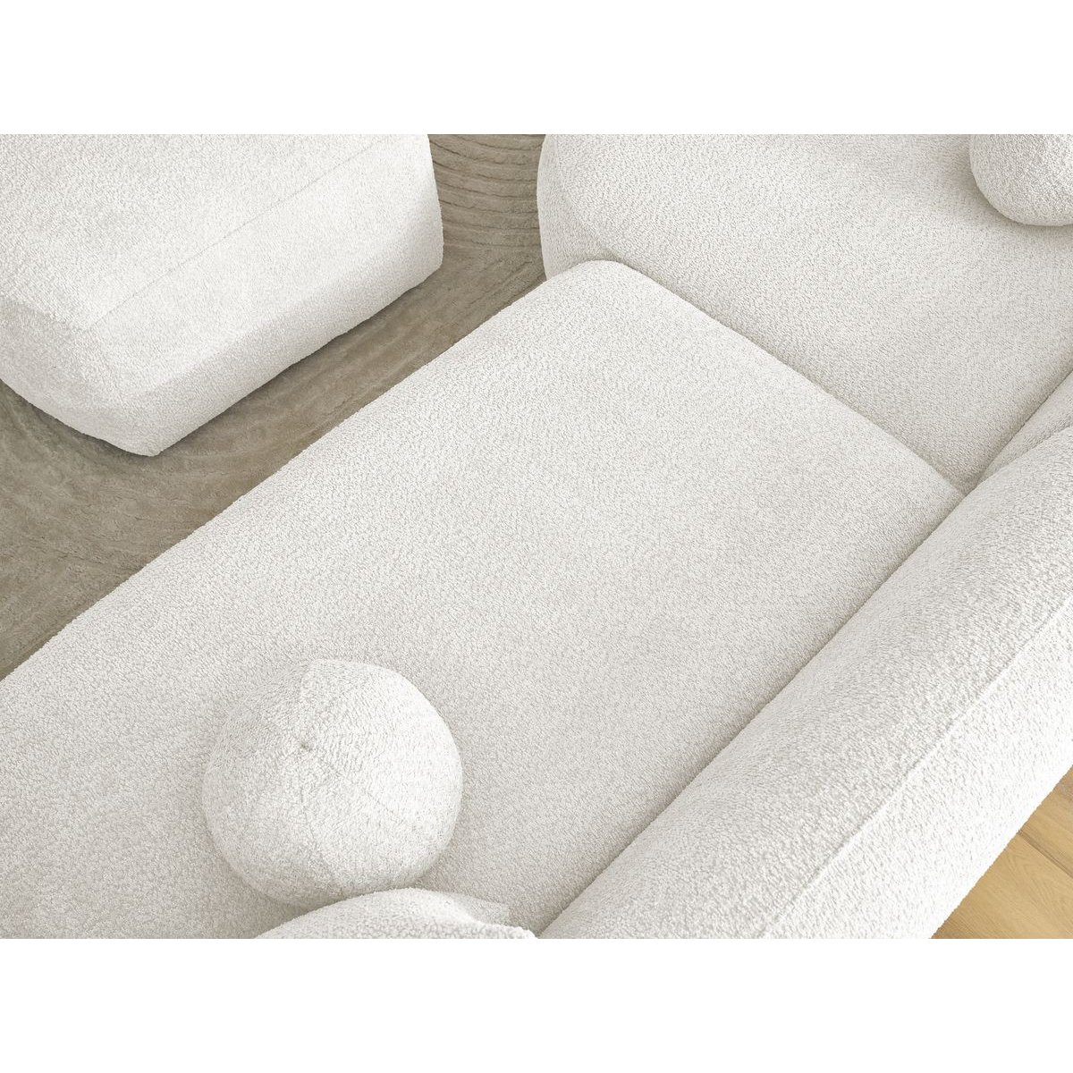 Canapé d'angle fixe 4 places en tissu bouclette avec pouf, ASHLEY blanc, BOBOCHIC