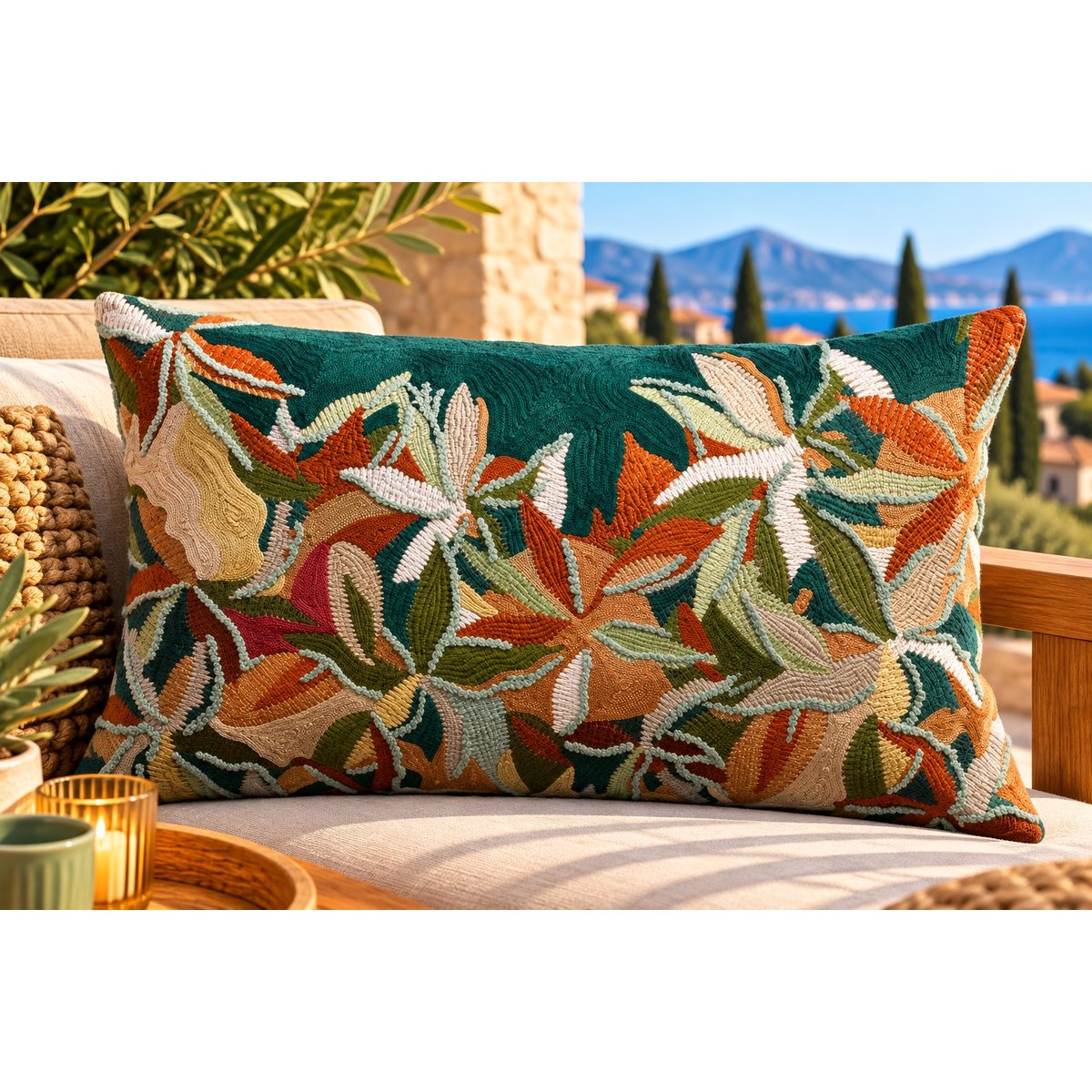 Coussin brodé Escale Singulière petrole, EDEN