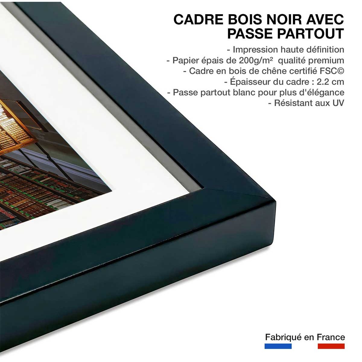 Affiche photo librairie des sciences - affiche + cadre en bois - noir, HEXOA