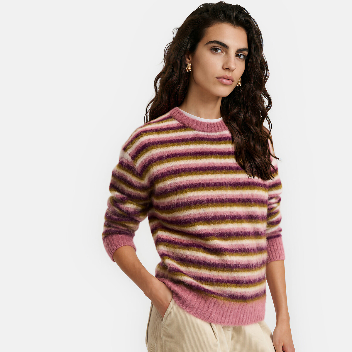 Pull col rond à rayures, en alpaga mélangé rayé multicolore, LA REDOUTE COLLECTIONS