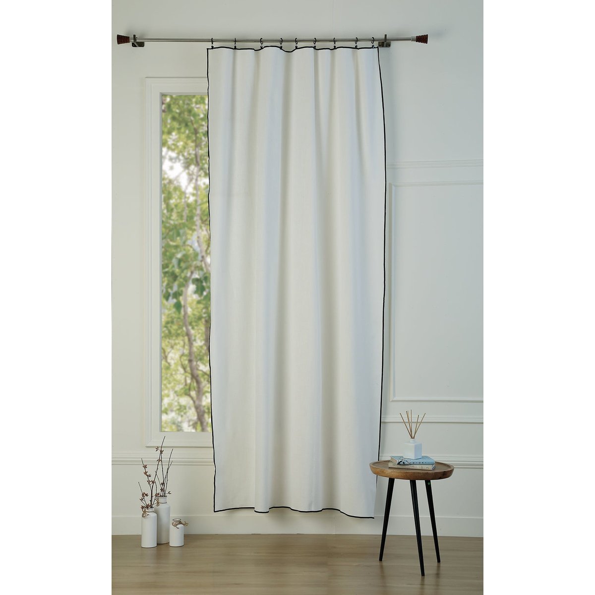 Rideau panneau toile de coton JULES blanc / noir, FEBRONIE