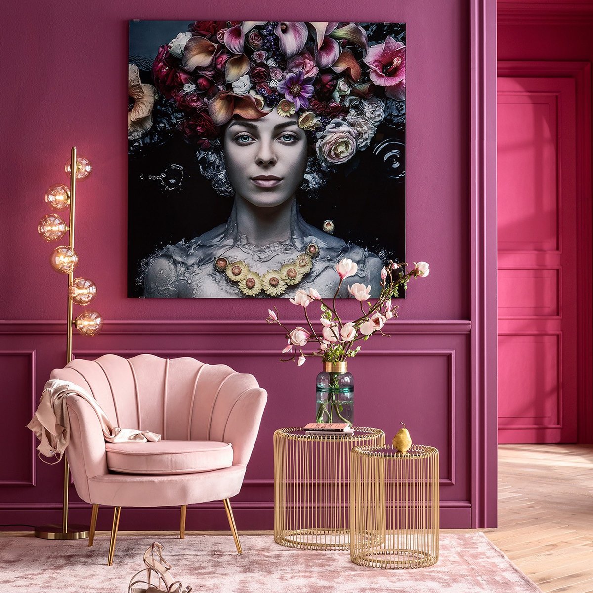 Tableau en verre femme fleurs multicolore, KARE DESIGN