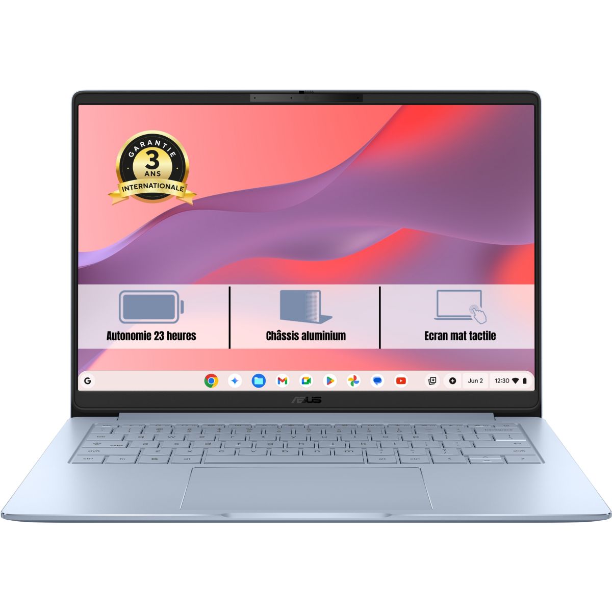 Chromebook CM1406 Bleu Iridescent 14"Tactile MediaTek 8 Go RAM DDR5 eMMC 128Go Google AI Pro housse incluse couleur unique, ASUS