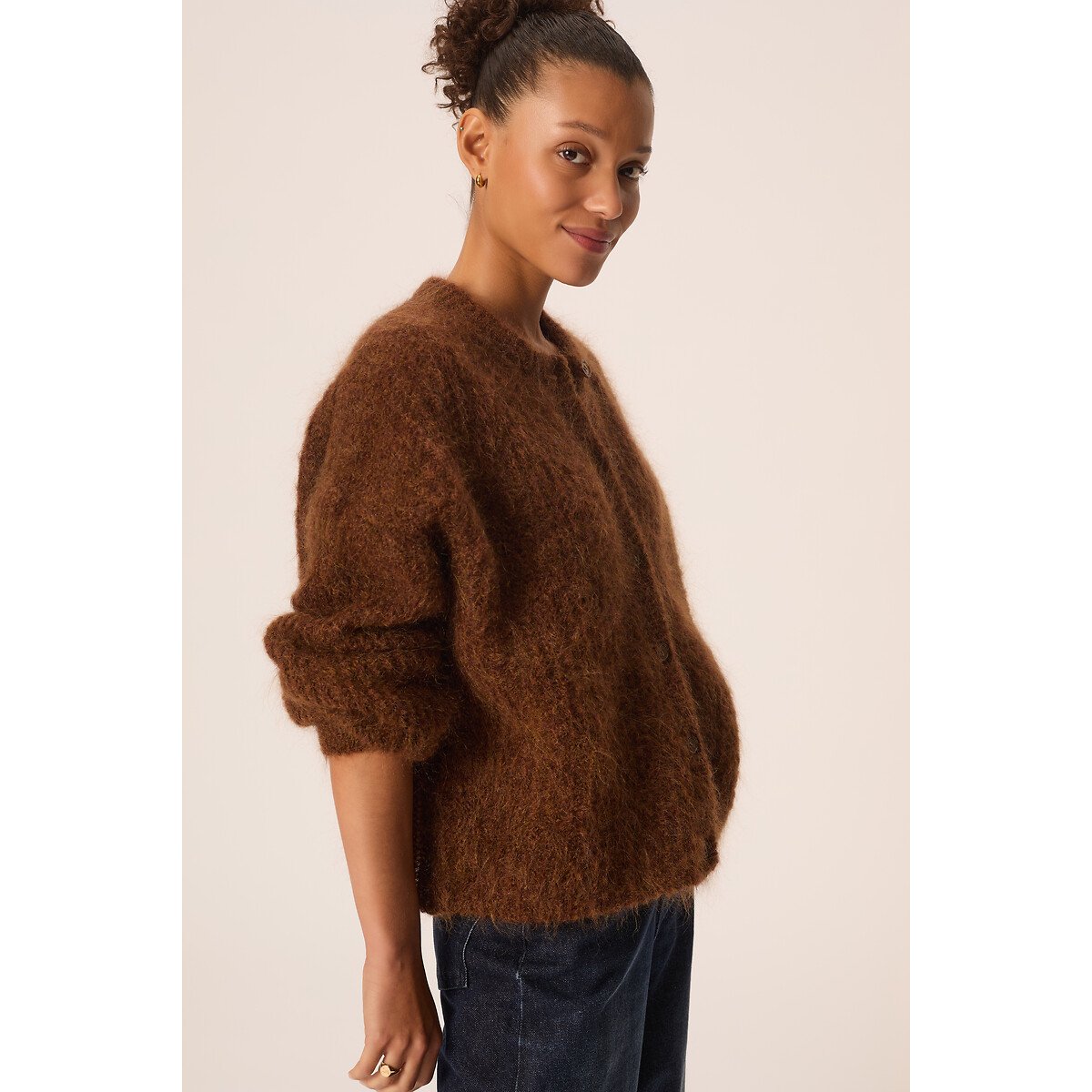 Strickjacke mit Rundhalsausschnitt aus Mohair-Mischgewebe, ALMA cognac, DES PETITS HAUTS