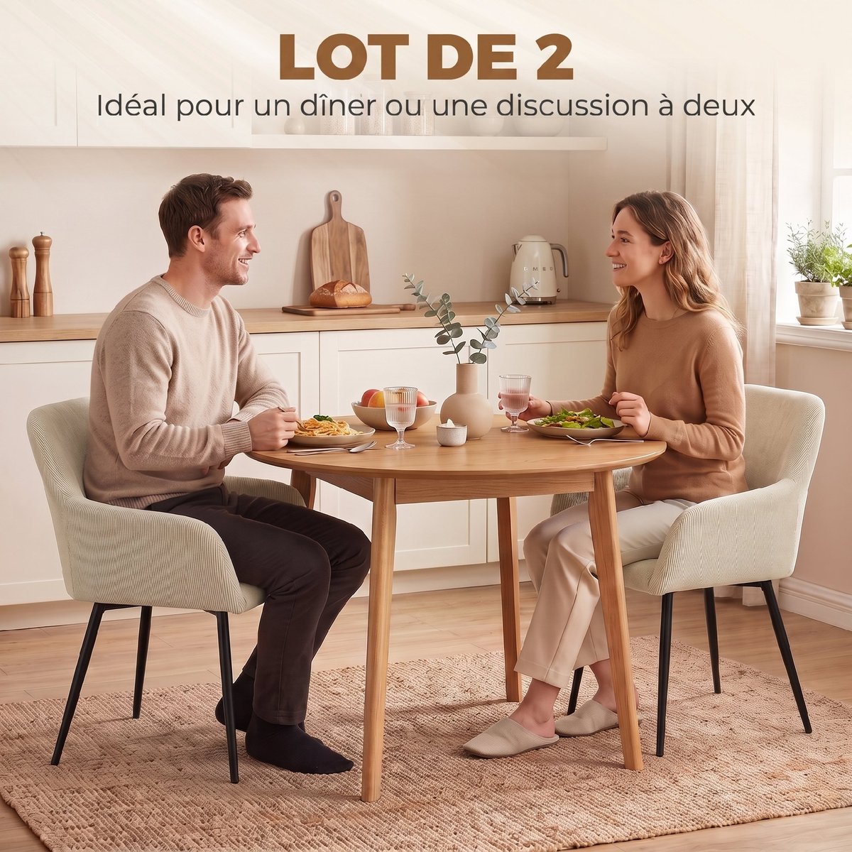 Chaise de salle à manger Velours côtelé (100 crème, noir, HOMCOM