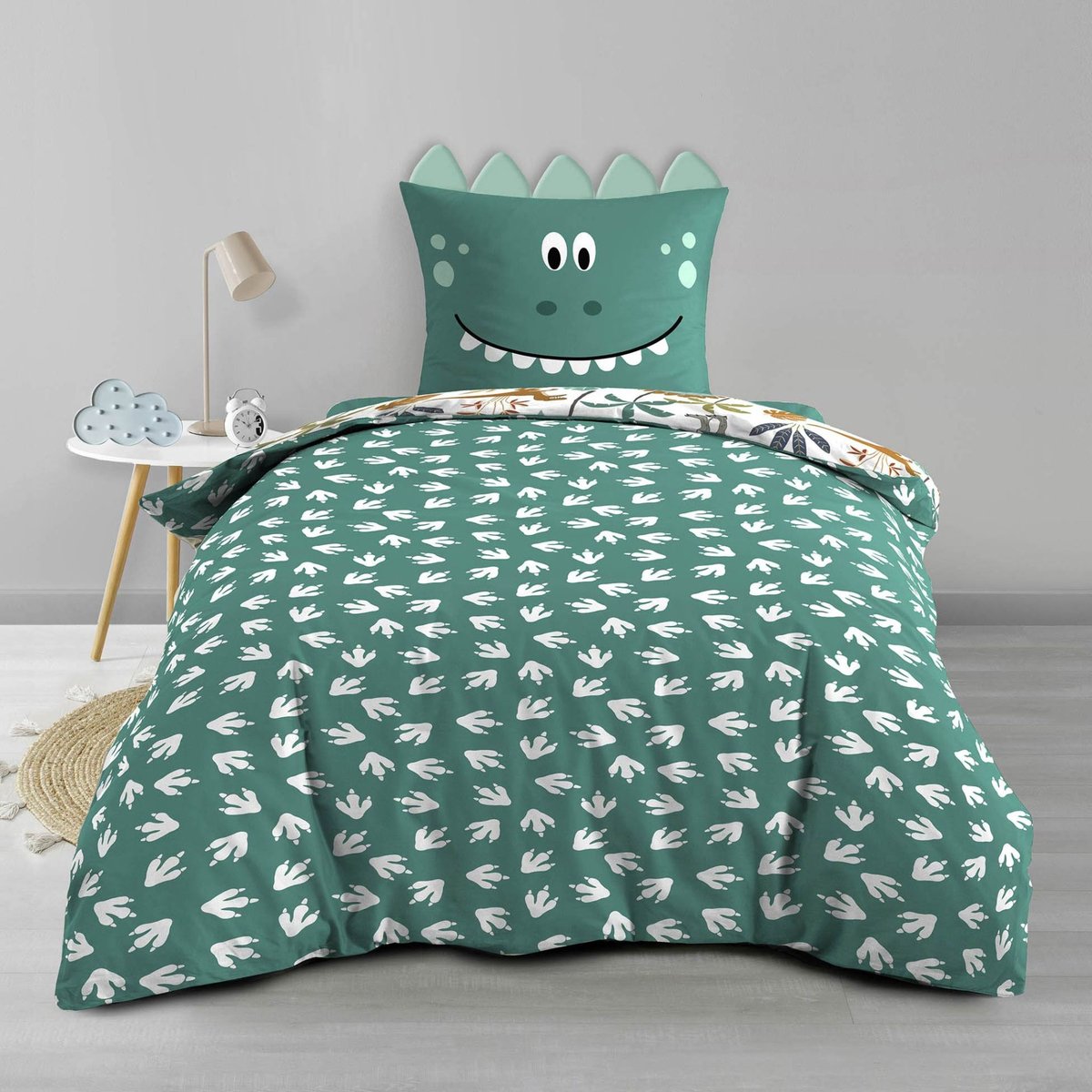 Parure de lit enfant réversible 140x200 coton imprimée Dina vert, DOUCEUR D'INTÉRIEUR