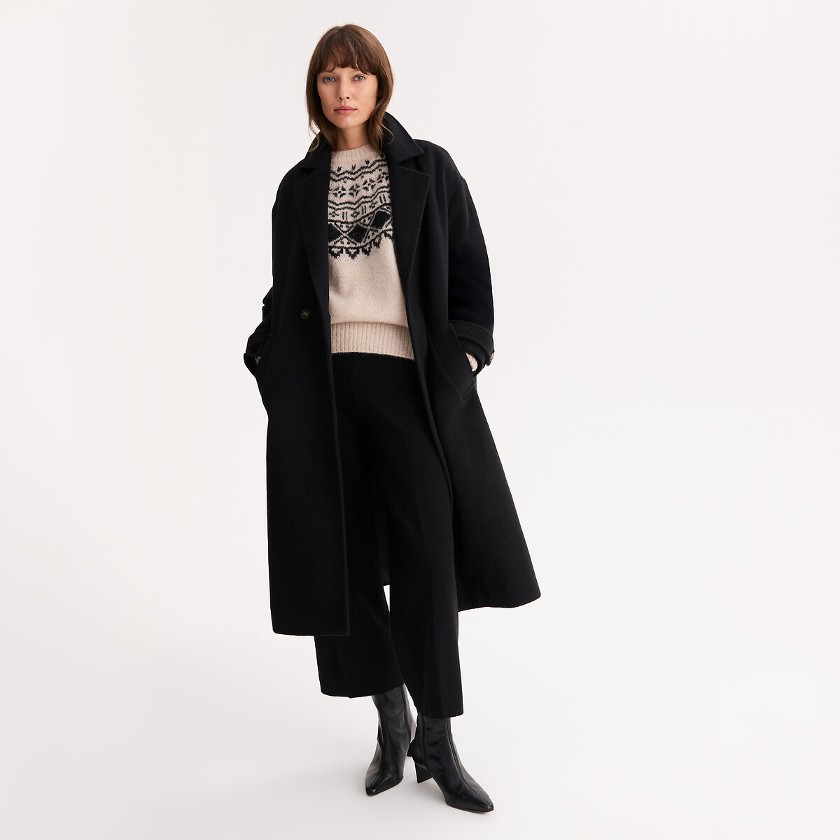 Manteau long, fermeture boutonnée, drap de laine noir, ANNE WEYBURN