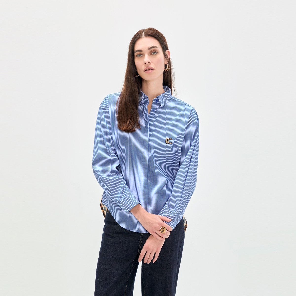 Chemise rayée à dos imprimé léopard bleu, LOLA CASADEMUNT