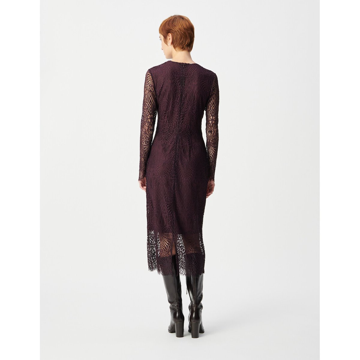 Vestido comprido de renda com gola redonda bordeaux, IKKS