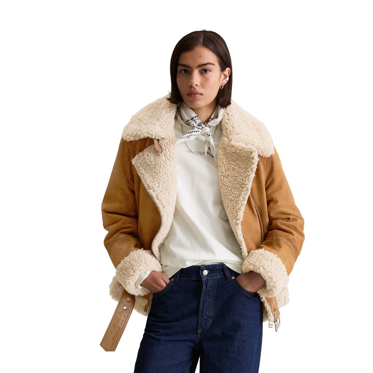Veste en cuir velours régulière avec peluche Teddy marron, MARC O’POLO DENIM