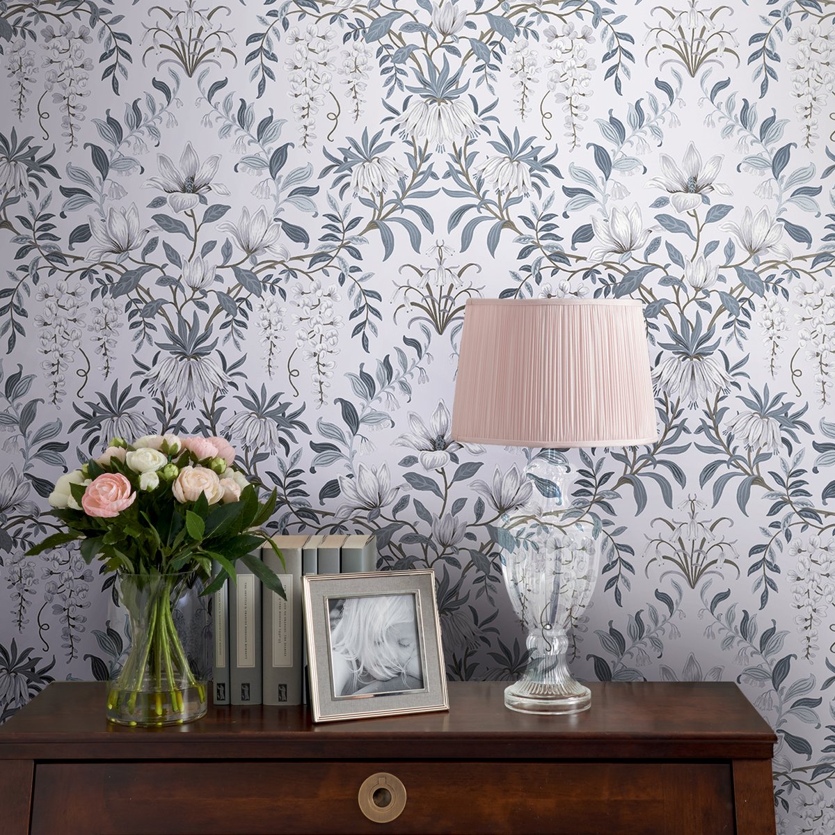 Papier peint Fleurs Parterre blanc, bleu, LAURA ASHLEY