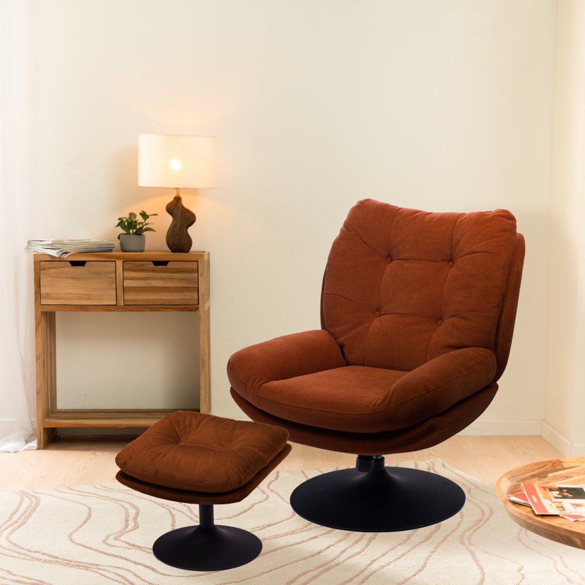 Repose-pieds en tissu avec piètement noir Magnum orange, AMADEUS
