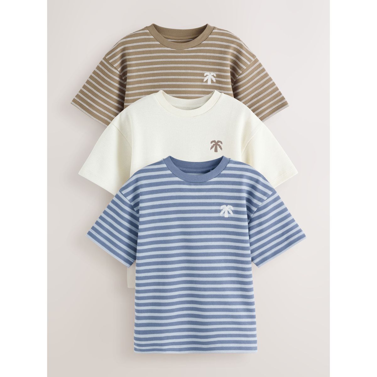 T-shirt décontracté texturé, lot de 3 rayures bleues/blanches/marron, NEXT