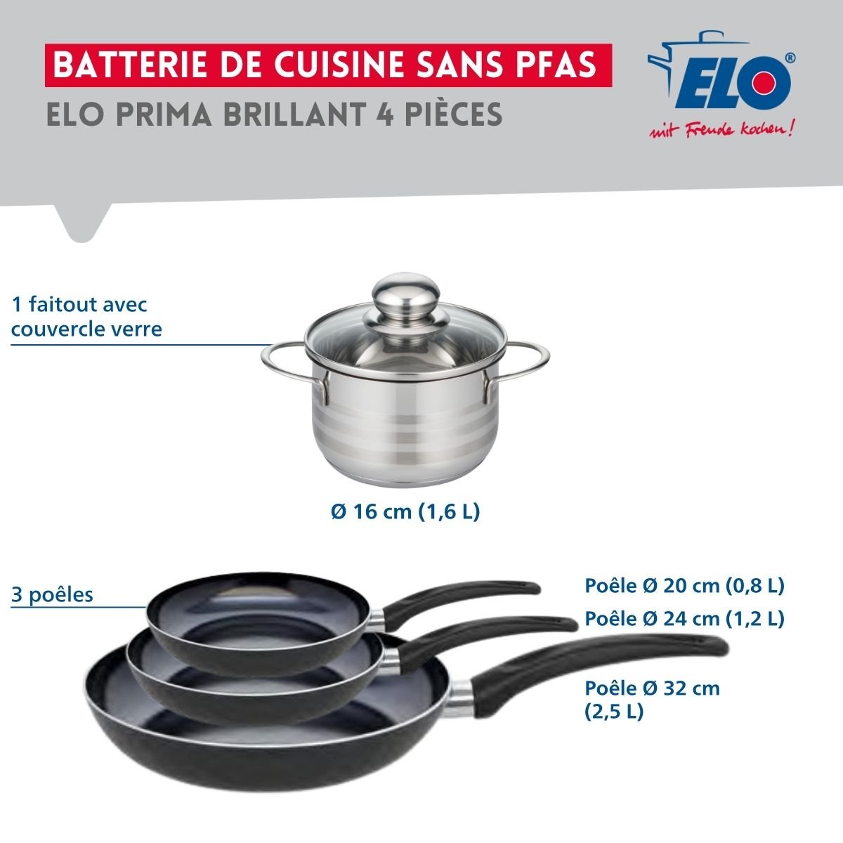 Batterie 3 poêles 20/24/32cm + 1 faitout 16cm PRIMA BRILLANT noir, ELO