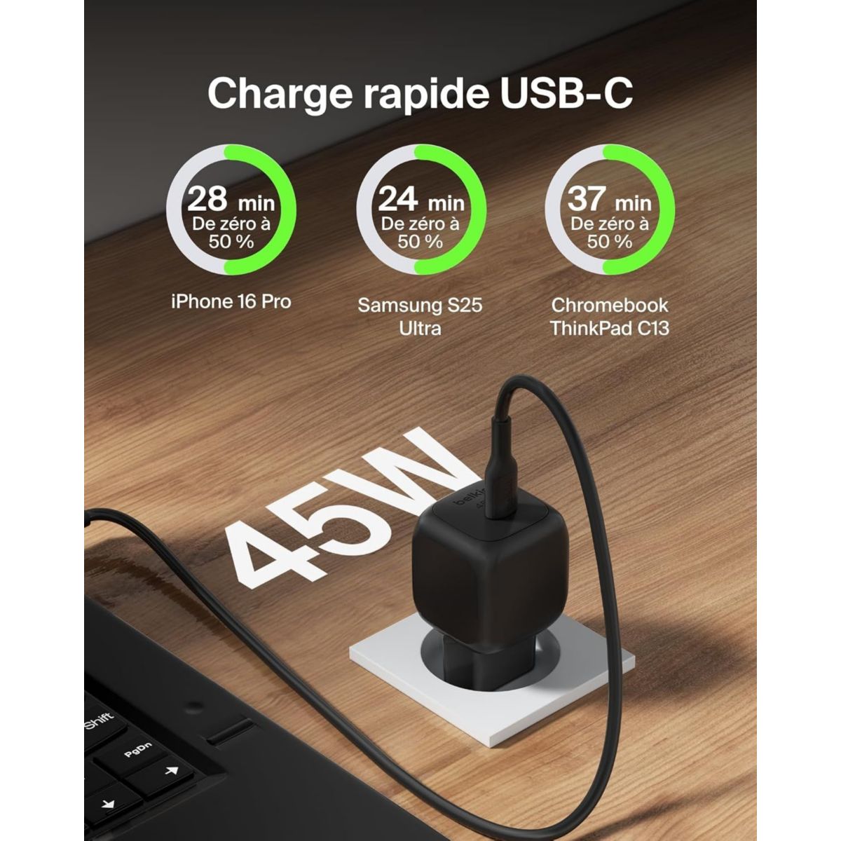 Chargeur 45W USB charge rapide & cable 1M Noir couleur unique, BELKIN